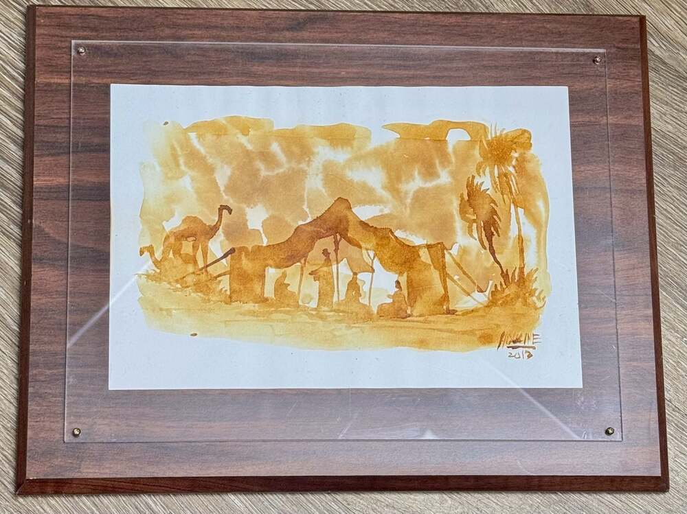 Signed Original 2013 Desert Camel Caravan Watercolor Painting in Wood Frame
